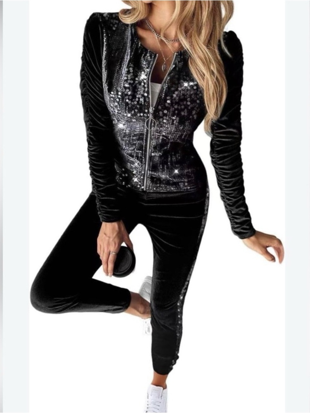 Chicme NWOT Women's Black Sequin Velvet Tracksuit Zip-up & Joggers